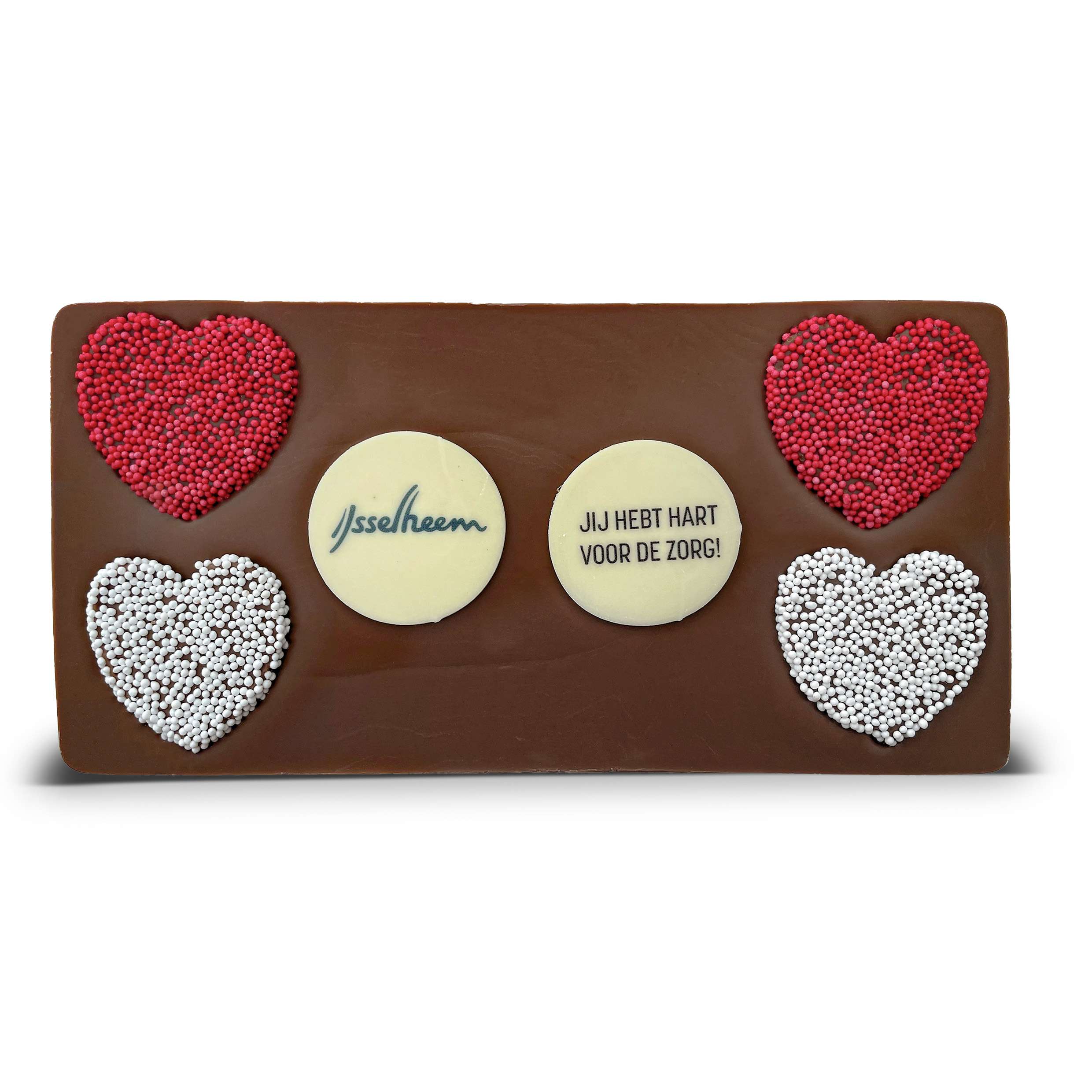 Melkchocolade tablet met muskethartjes logo en slogan